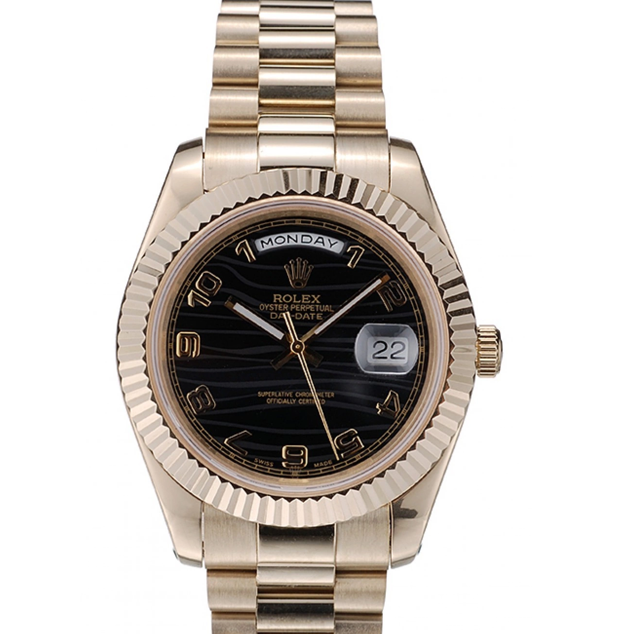 Best AAA Replica Sites DayDate Gold Swiss Bezel 41998 Rolex Steel Black Ribbed Dial Stainless 0717